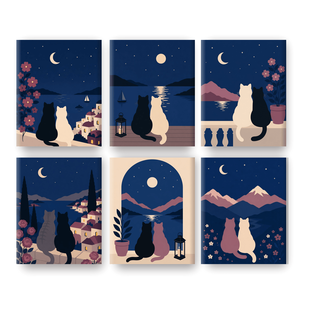 6 Mini Paintings - Night Cats Set - Paint by numbers