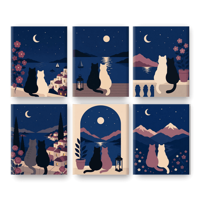 6 Mini Paintings - Night Cats Set - Paint by numbers
