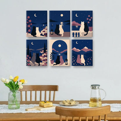 6 Mini Paintings - Night Cats Set