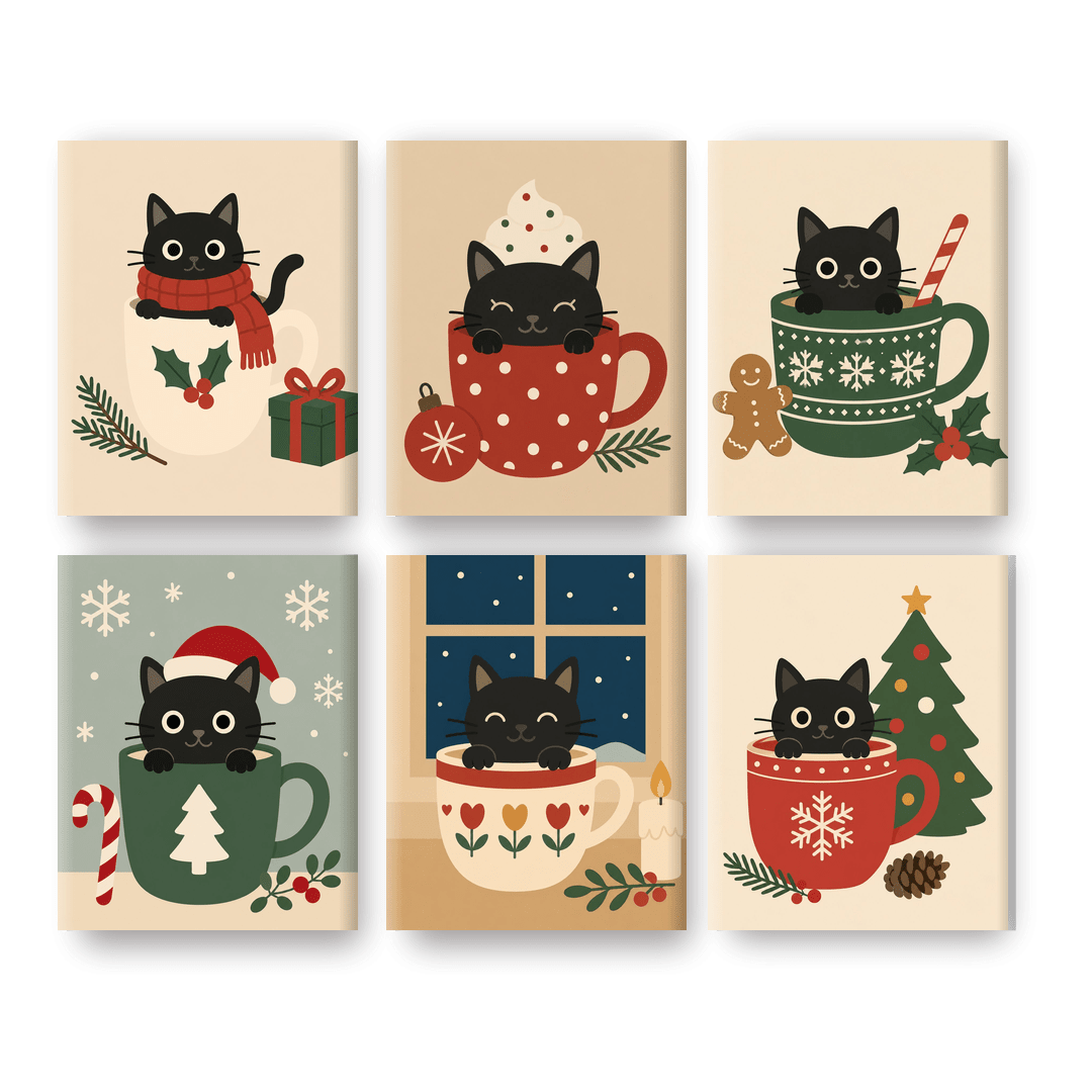 6 Mini Paintings - Black Cat in Cups Set - Paint by numbers
