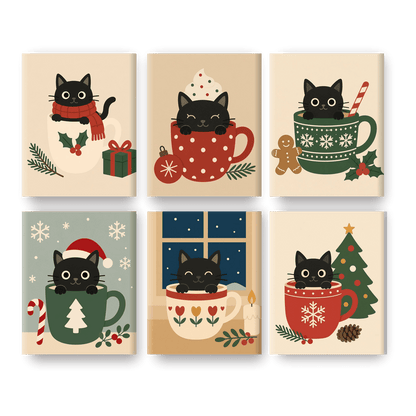 6 Mini Paintings - Black Cat in Cups Set - Paint by numbers
