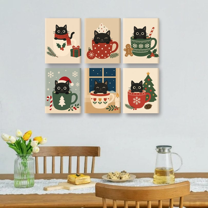 6 Mini Paintings - Black Cat in Cups Set