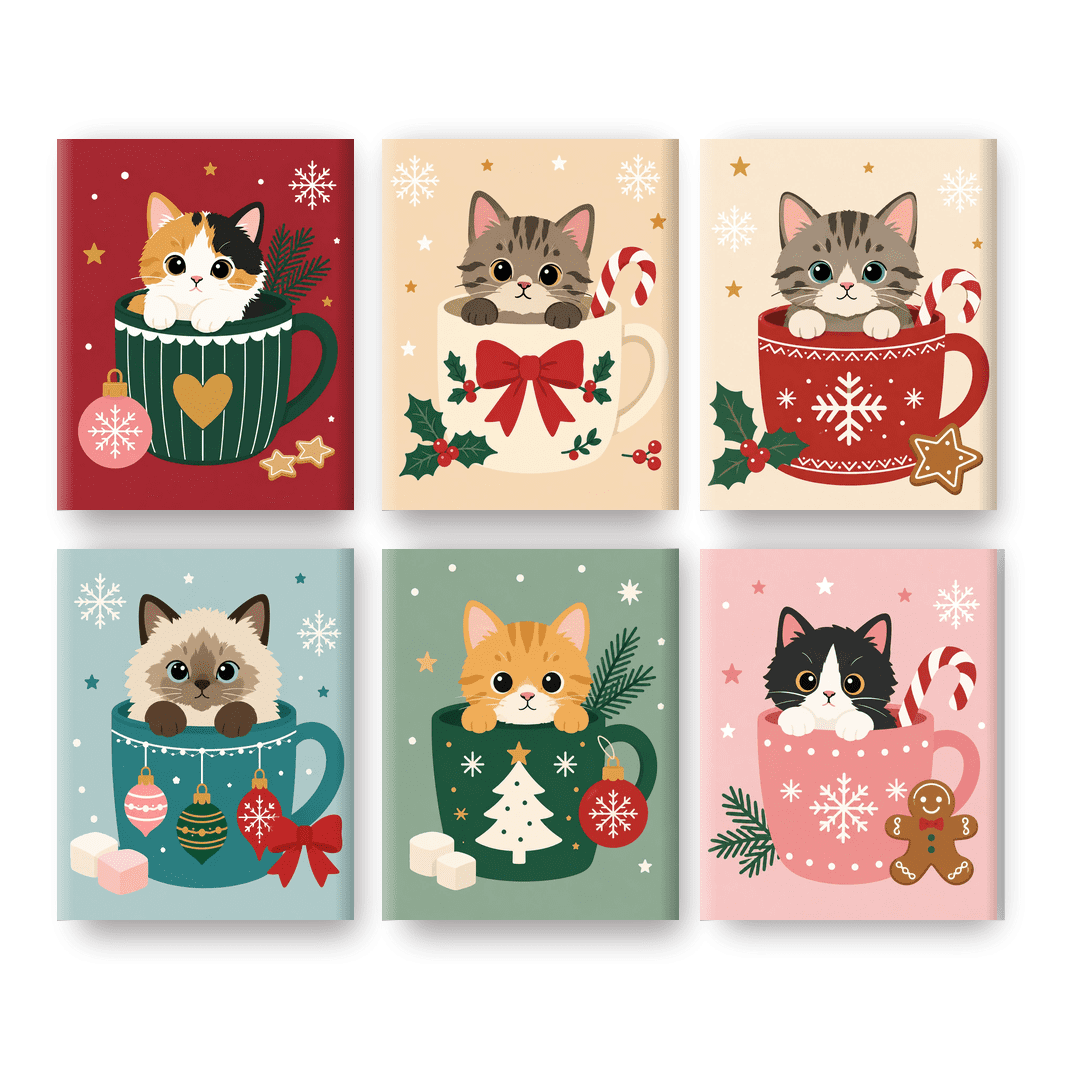 6 Mini Paintings - Cats in Christmas Cups Set - Paint by numbers