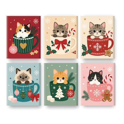 6 Mini Paintings - Cats in Christmas Cups Set - Paint by numbers