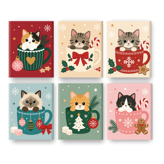 6 Mini Paintings - Cats in Christmas Cups Set - Paint by numbers