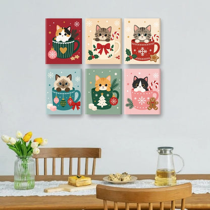 6 Mini Paintings - Cats in Christmas Cups Set
