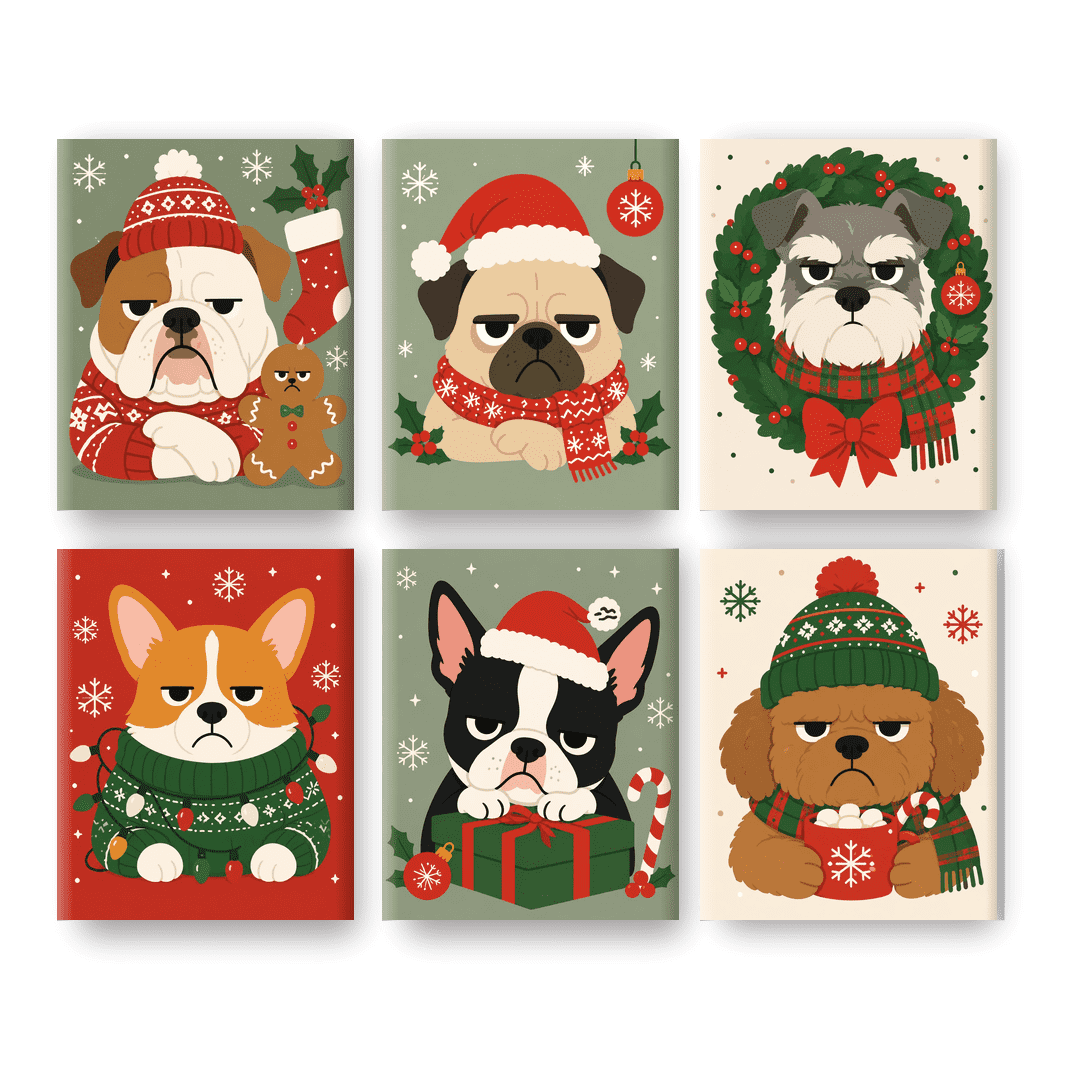 6 Mini Paintings - Grumpy Christmas Dogs Set - Paint by numbers