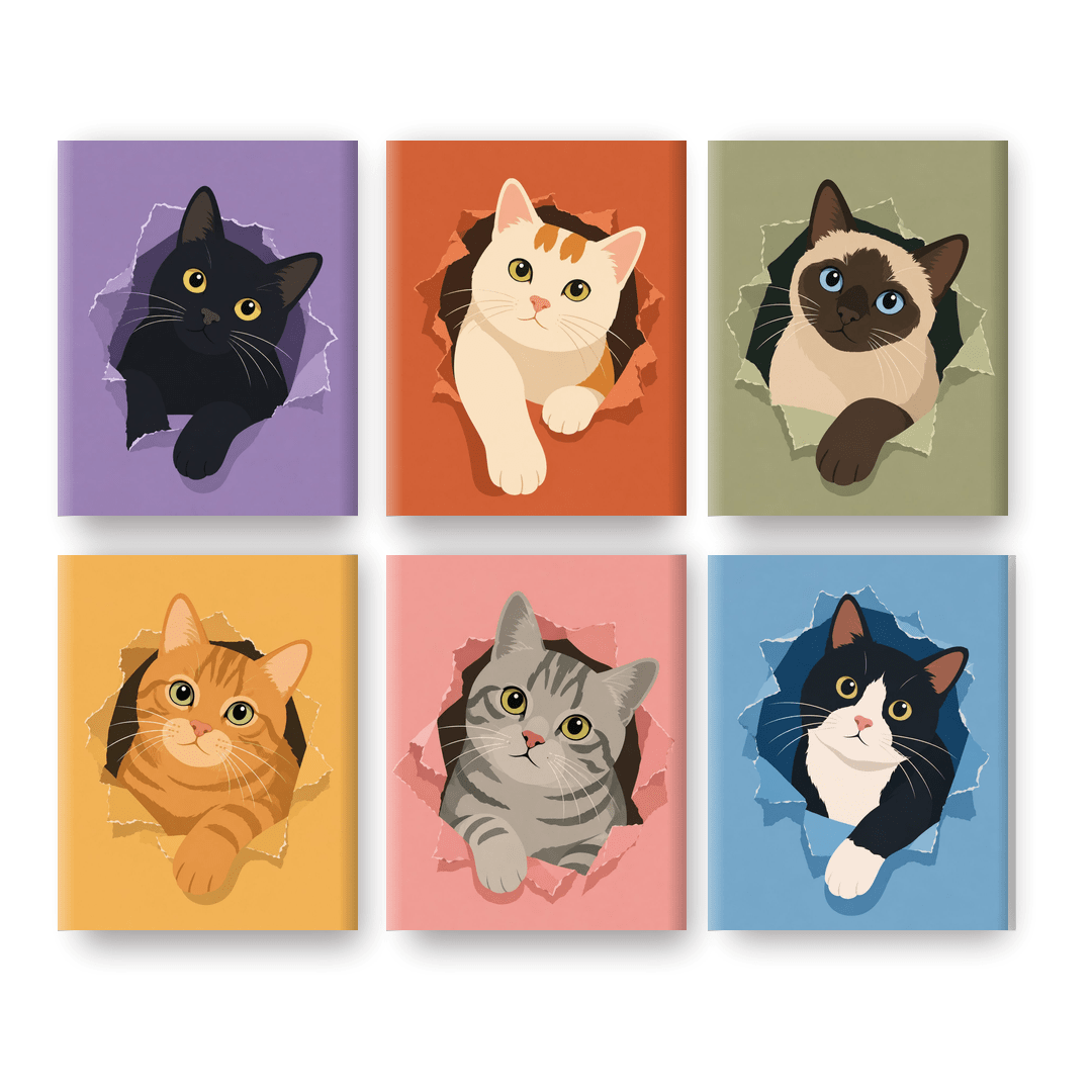 6 Mini Paintings - Pop-Out Cats Set - Paint by numbers