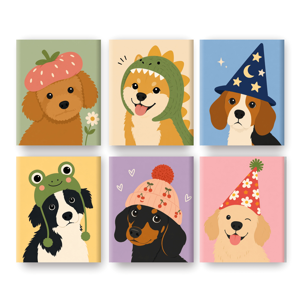 6 Mini Paintings - Dogs in Funny Hats Set - Paint by numbers