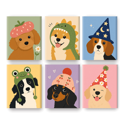 6 Mini Paintings - Dogs in Funny Hats Set - Paint by numbers