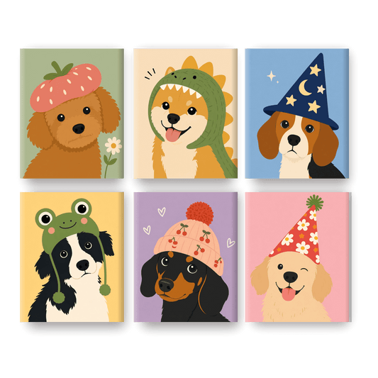 6 Mini Paintings - Dogs in Funny Hats Set - Paint by numbers