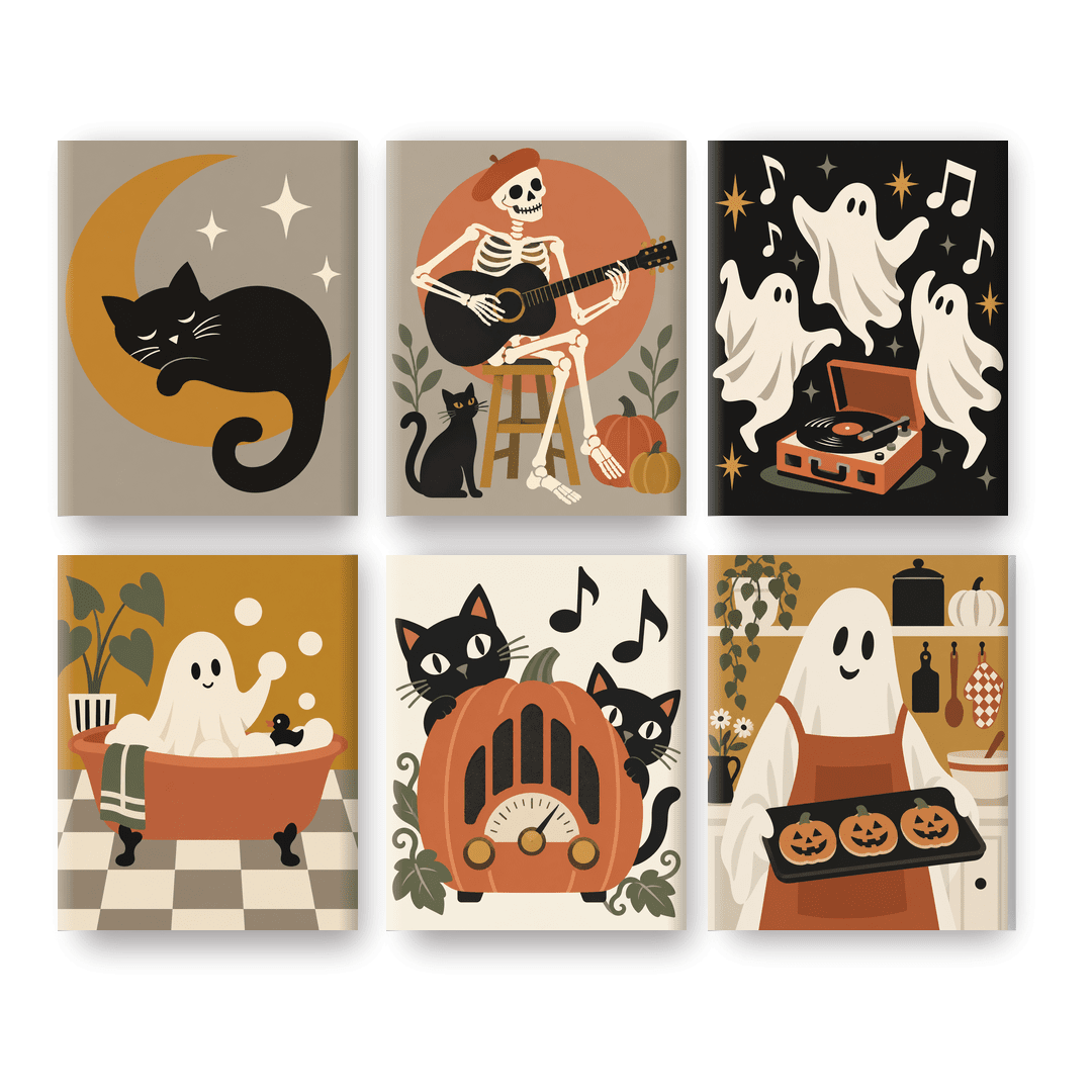 6 Mini Paintings - Playful Vintage Spirits Set - Paint by numbers