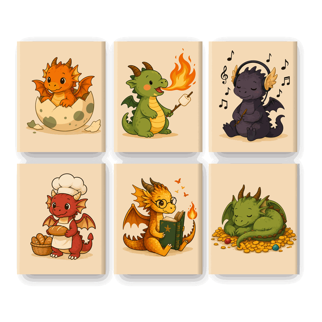 6 Mini Paintings - Little Dragon Friends Set - Paint by numbers