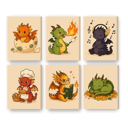 6 Mini Paintings - Little Dragon Friends Set - Paint by numbers