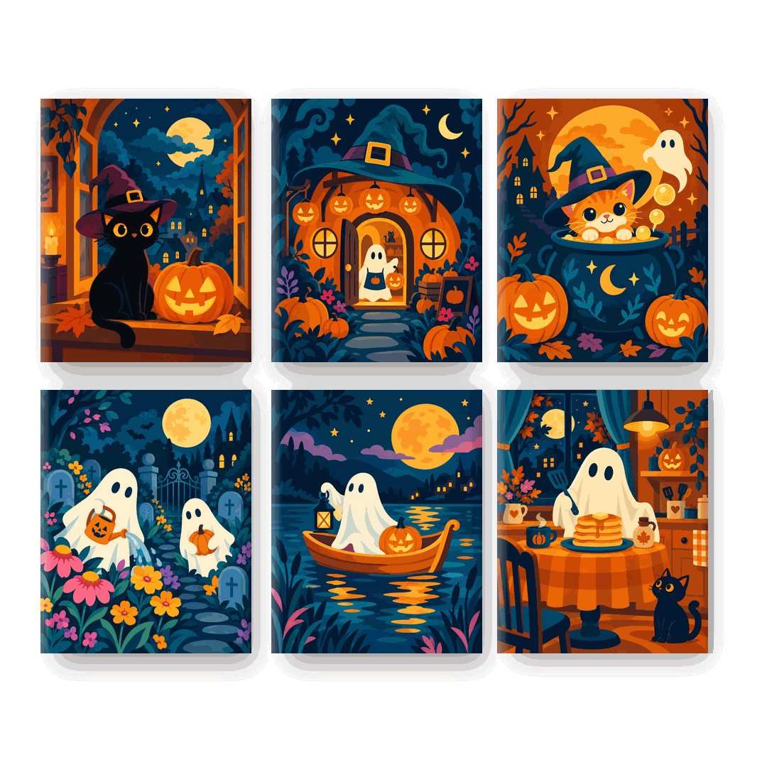 6 Mini Paintings - Moonlit Halloween Mini Paintings Set - Paint by numbers
