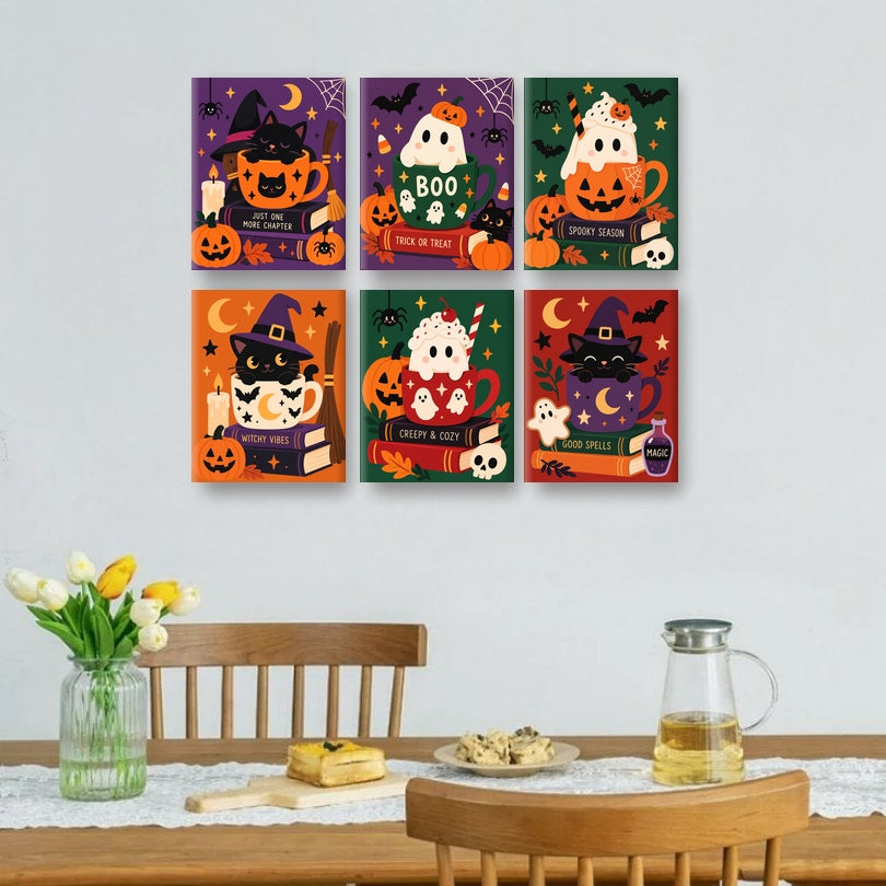 6 minicuadros - Libros y tazas de Halloween