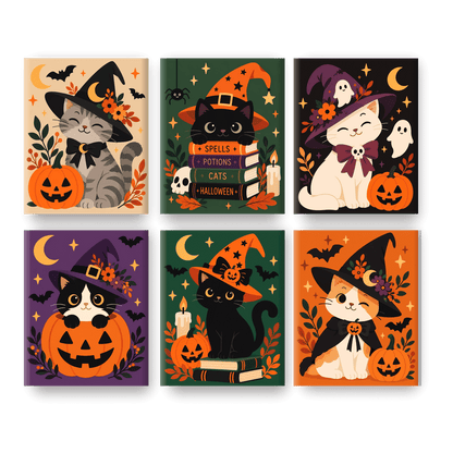 6 Mini Paintings - Cute Halloween Cats Set - Paint by numbers