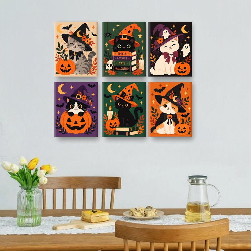 6 Mini Paintings - Cute Halloween Cats Set