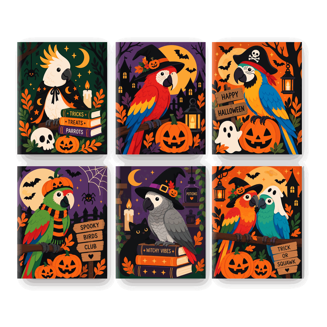 6 Mini Paintings - Halloween Parrots Set - Paint by numbers