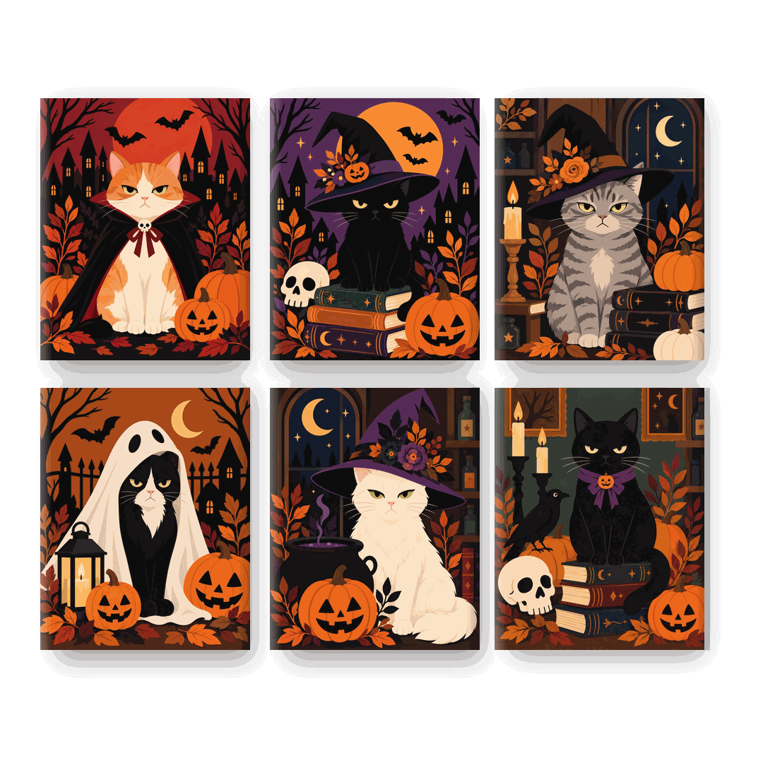6 Mini Paintings - Angry Halloween Cats Set - Paint by numbers