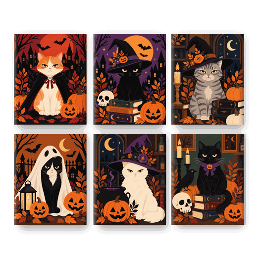 6 Mini Paintings - Angry Halloween Cats Set - Paint by numbers