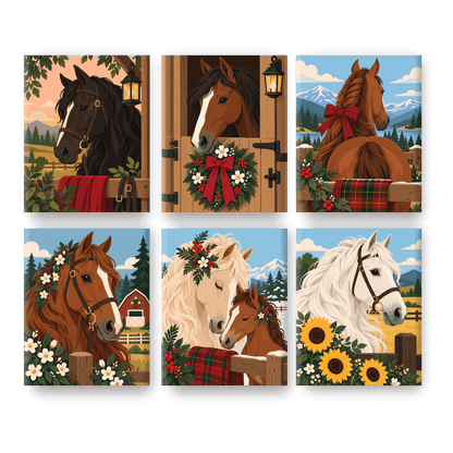 6 Mini Paintings - Holiday Horse Portraits Set - Paint by numbers
