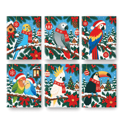 6 Mini Paintings - Christmas Parrots Set - Paint by numbers