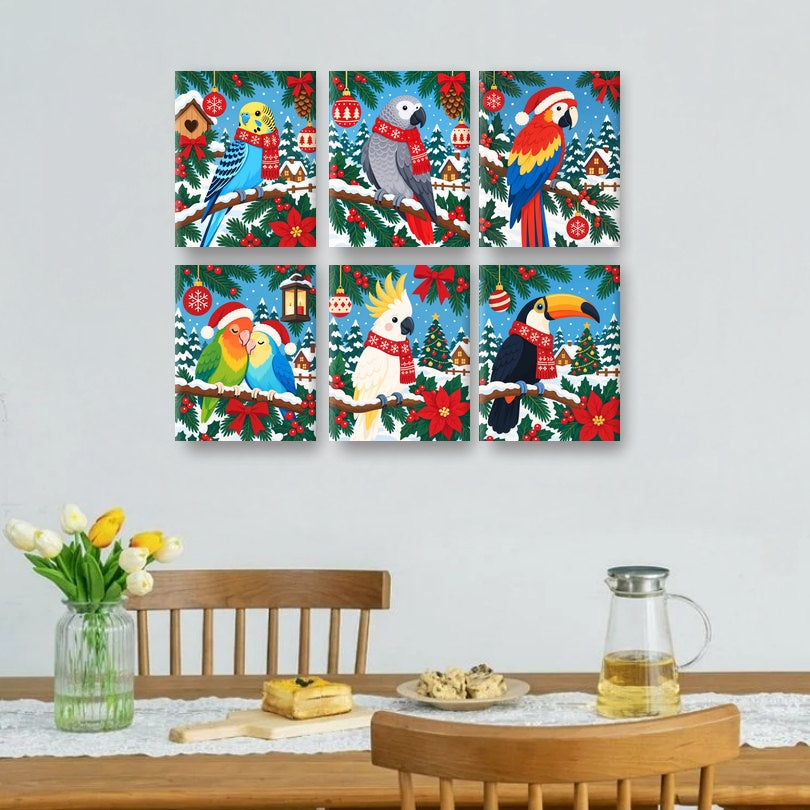 6 Mini Quadri - Set Pappagalli di Natale