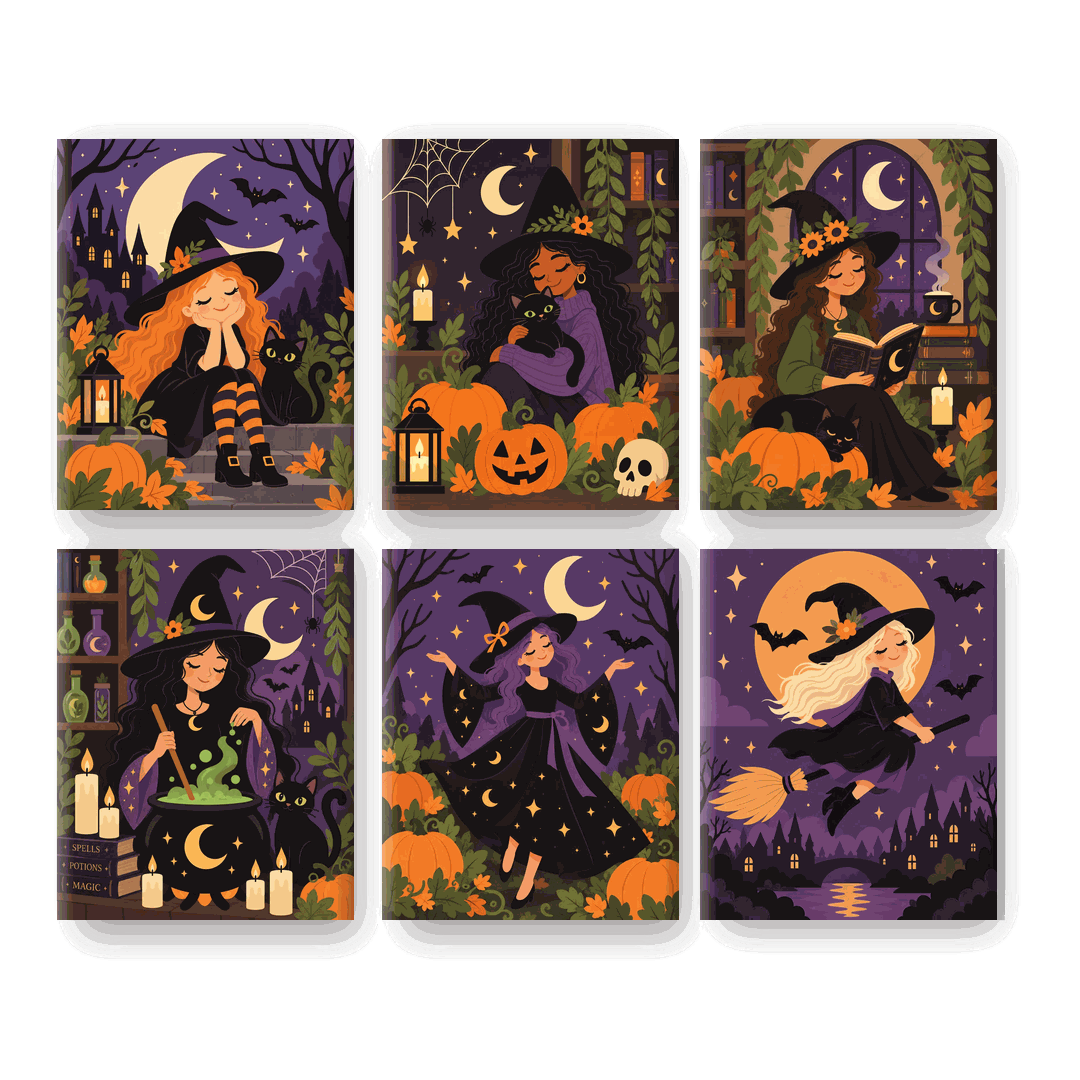 6 Mini Paintings - Halloween Witches Set - Paint by numbers
