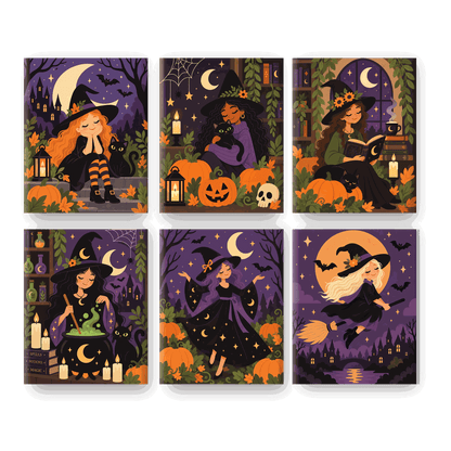 6 Mini Paintings - Halloween Witches Set - Paint by numbers