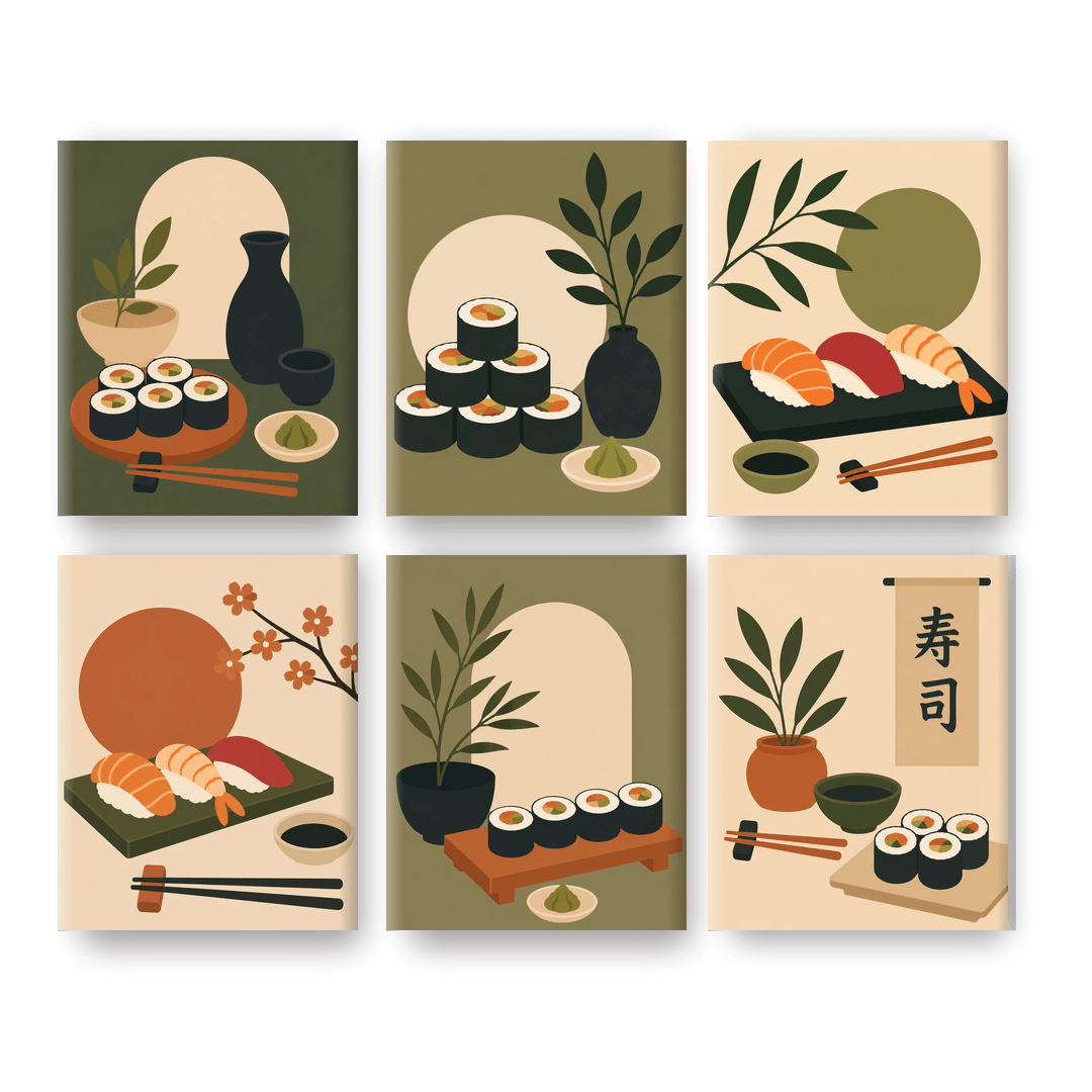6 Mini Paintings - Minimalist Sushi Set - Paint by numbers