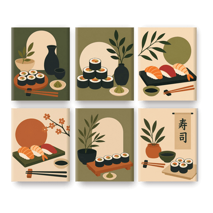 6 Mini Paintings - Minimalist Sushi Set - Paint by numbers