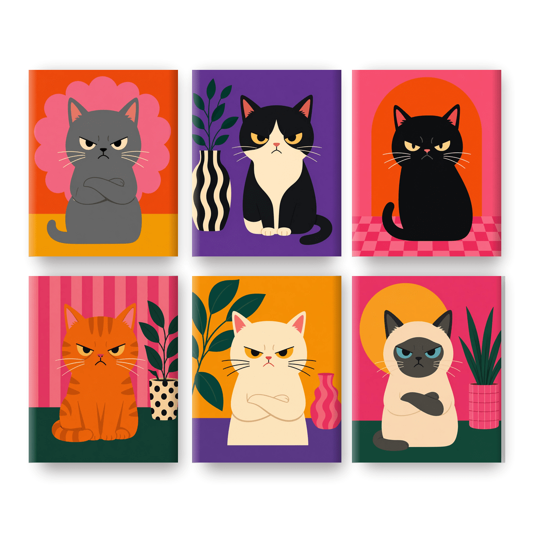 6 Mini Paintings - Angry Cats Set - Paint by numbers