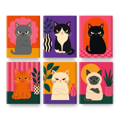6 Mini Paintings - Angry Cats Set - Paint by numbers