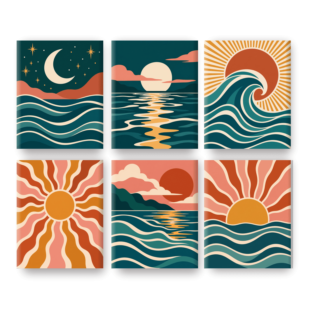 6 Mini Paintings - Retro Ocean Waves Set