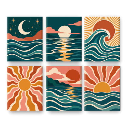 6 Mini Paintings - Retro Ocean Waves Set