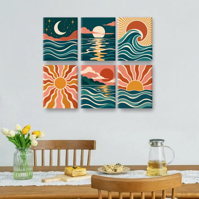 6 Mini Paintings - Retro Ocean Waves Set