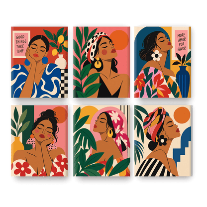 6 Mini Paintings - Tropical Women Portraits Set
