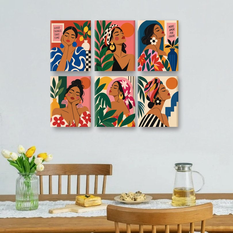 6 Mini Paintings - Tropical Women Portraits Set