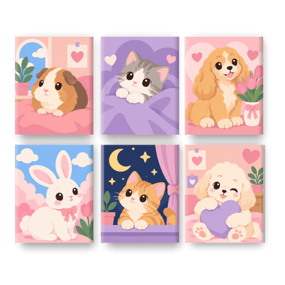 6 Mini Paintings - Kawaii Pet Life Set