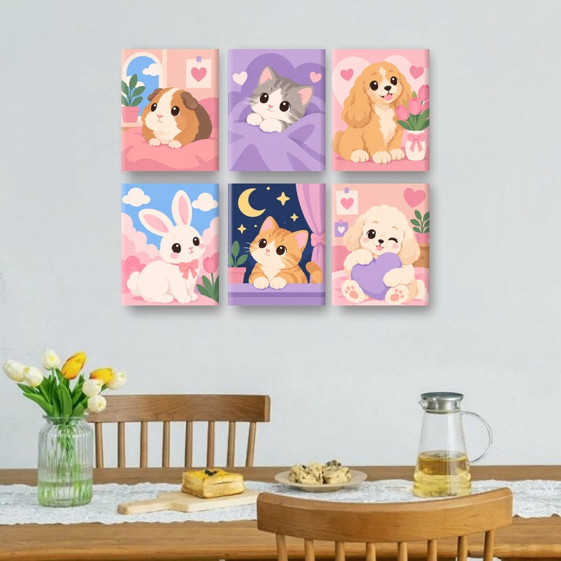 6 Mini Paintings - Kawaii Pet Life Set