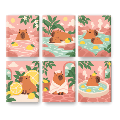 6 Mini Paintings - Lemon Spa Capybaras Set