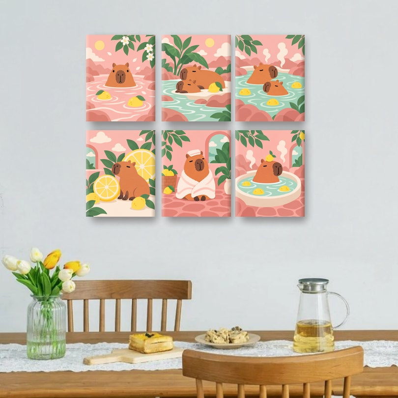 6 Mini Paintings - Lemon Spa Capybaras Set
