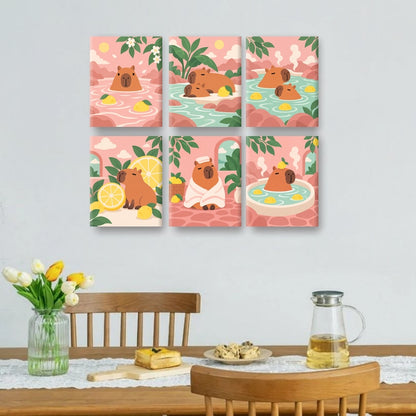 6 Mini Paintings - Lemon Spa Capybaras Set