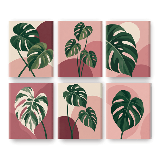 6 Minitavlor - Monstera i rosa-paket