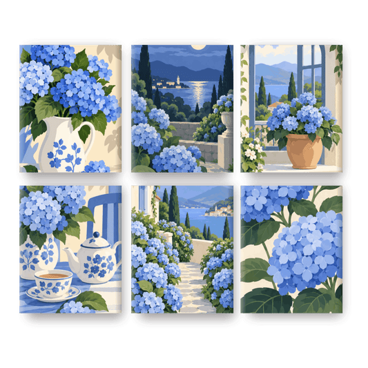 6 Mini Paintings - Blue Hydrangeas Set