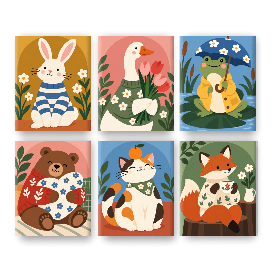 6 Mini Paintings - Cozy Critter Club Set