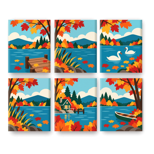 6 Mini Paintings - Autumn Lake Set