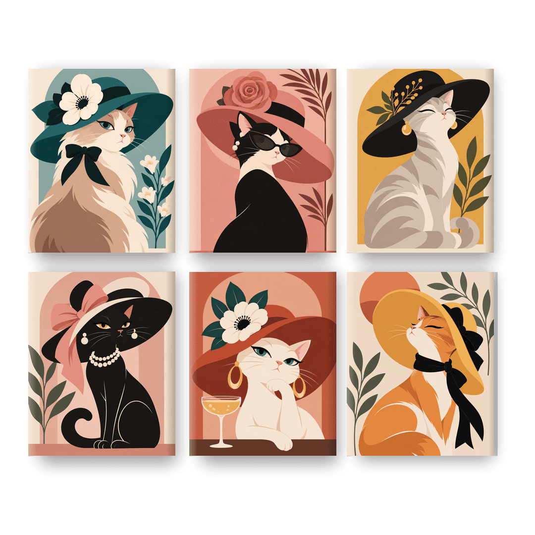 6 Mini Paintings - Lady Cat Hat Set
