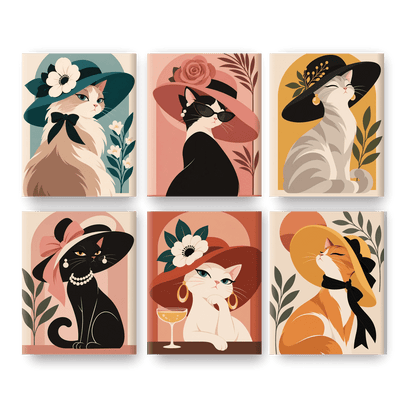 6 Mini Paintings - Lady Cat Hat Set